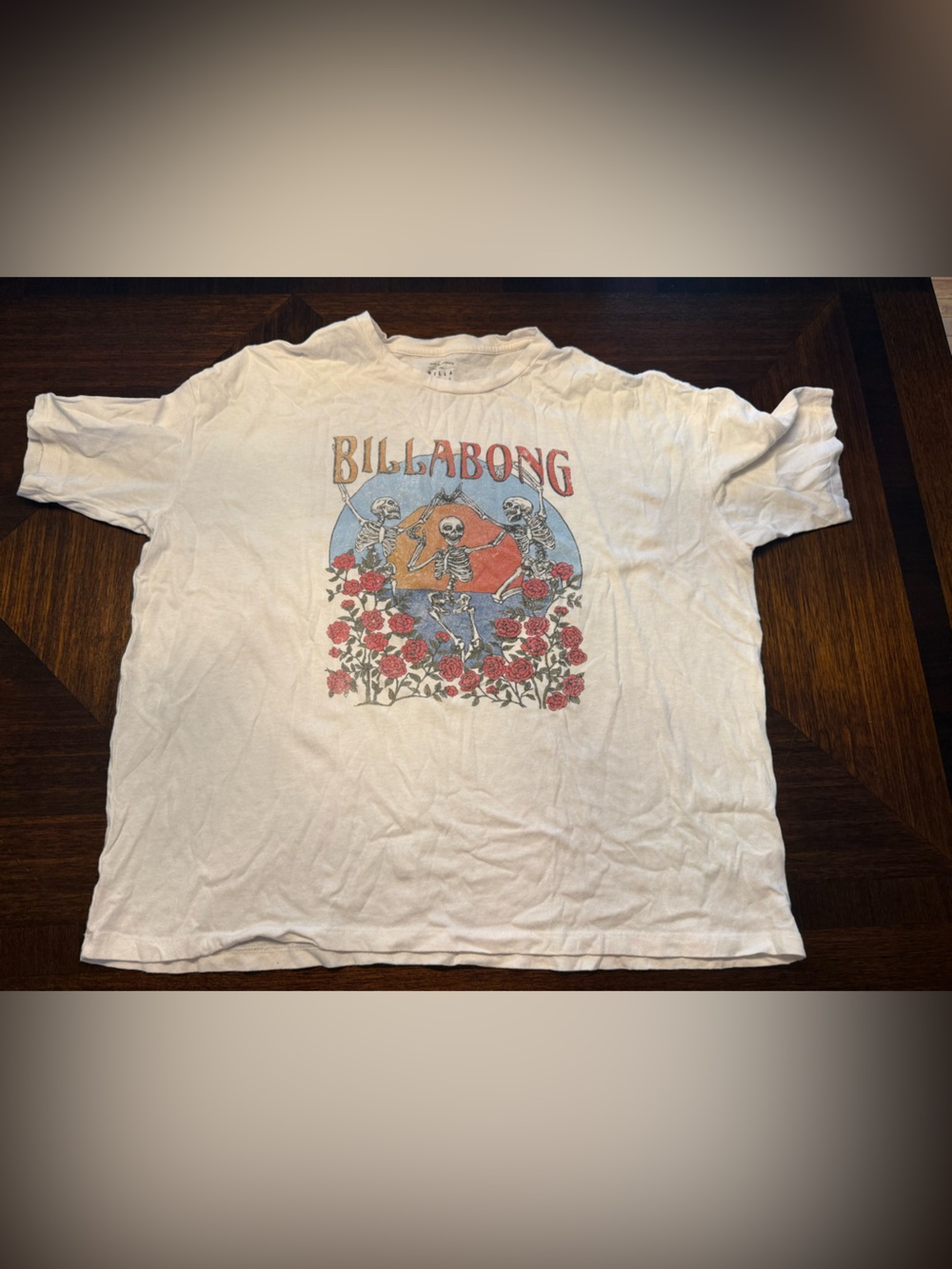 Billabong White Short-Sleeve Tee with Red Roses and Blue Sun Graphic